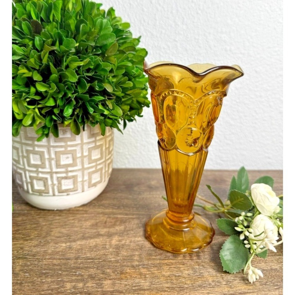 Vintage Amber Moon & Stars Glass Bud Vase Cottagecore Shelf Decor MCM - READ
